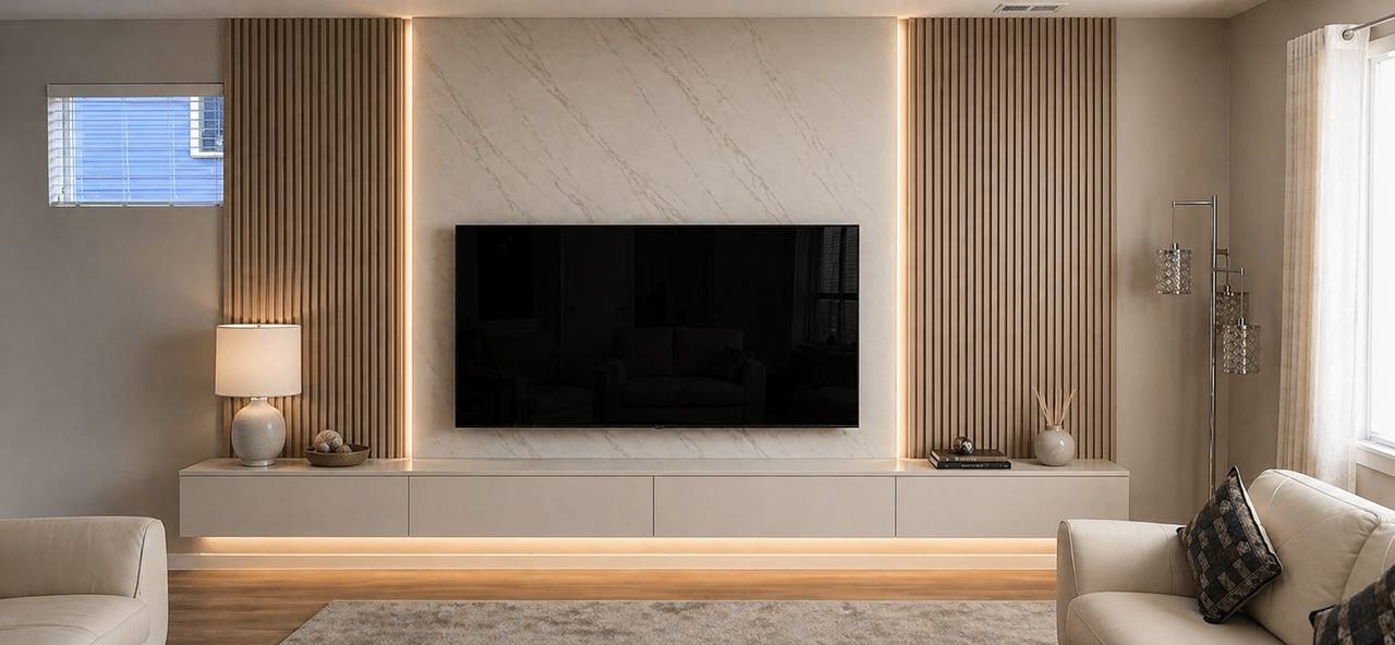 Marble & Slat Wood Media Wall